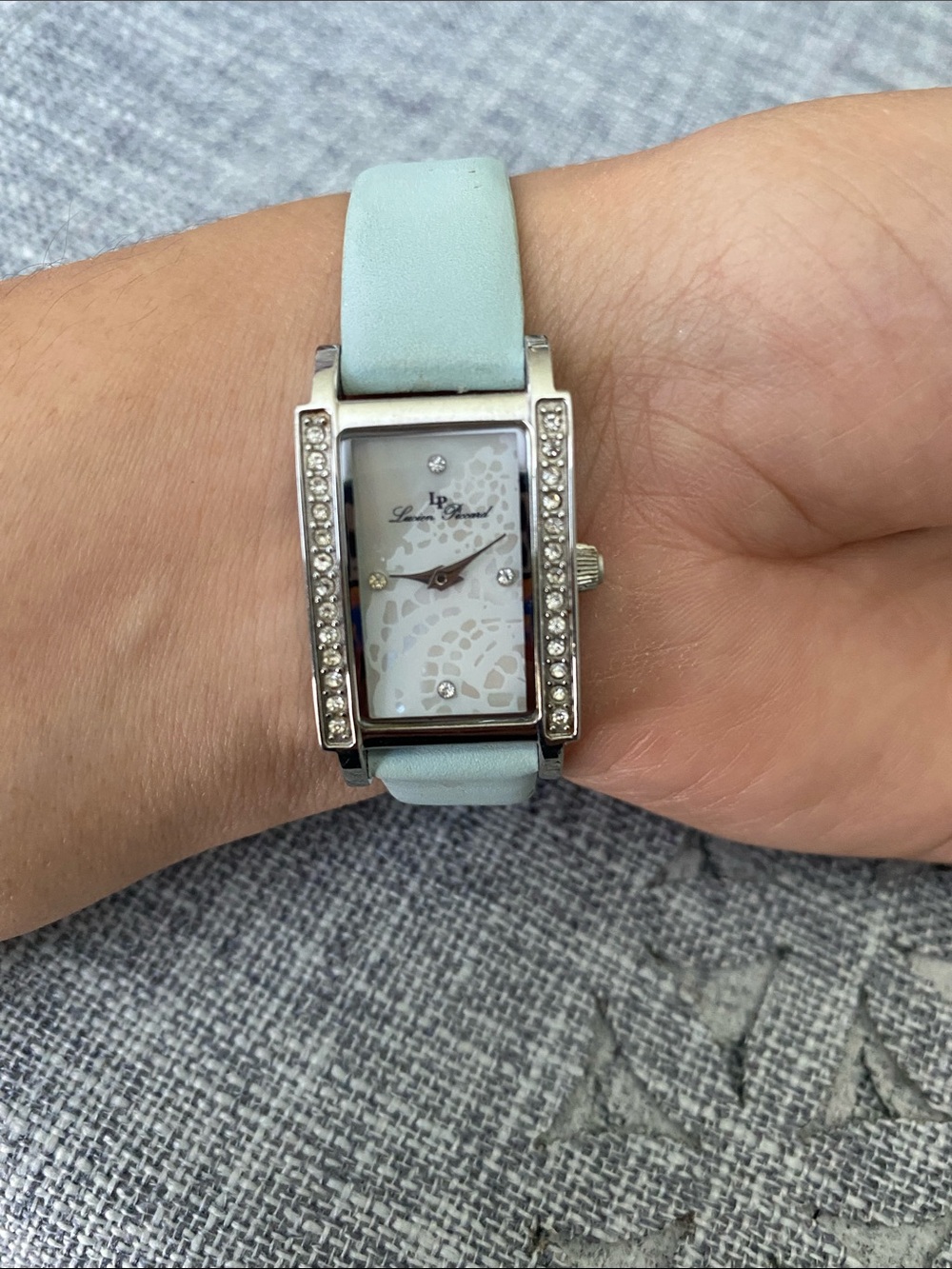 Lucien Piccard Mint Leather Strap Crystal-Trim Rectangular Ladies Watch